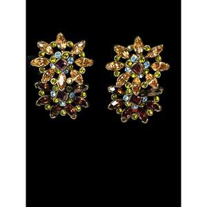 Vintage Floral Rhinestone Clip-On Earrings With Yellow/Blue/Purple/Orange Crysta